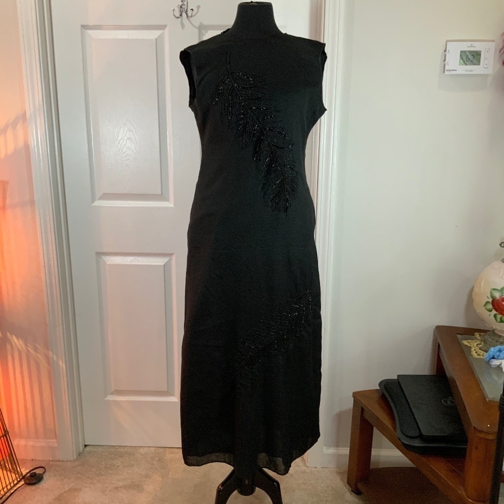 Zara Embroidered Beaded Sleeveless Black Midi Dress Size Medium